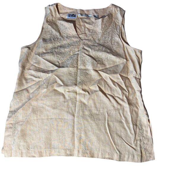 Nikki Valenti Irish Linen Top Pants Set Womens Sz. 16 Embroidered Tan Lagenlook - Picture 1 of 16